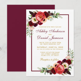 Burgundy Watercolor Blommigt Guld Boho Bröllop B Inbjudningar
