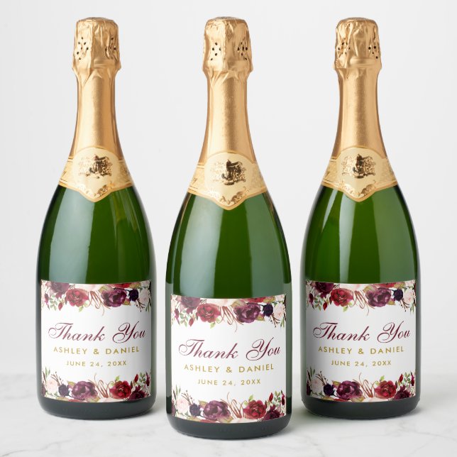 Burgundy Watercolor Blommigt Guld Bröllop (Flaskor)
