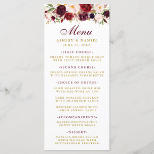 Burgundy Watercolor Blommigt Guld Bröllop Menu Meny