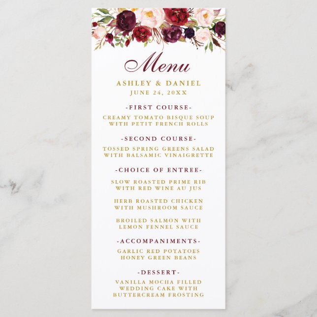 Burgundy Watercolor Blommigt Guld Bröllop Menu Meny (Framsida)