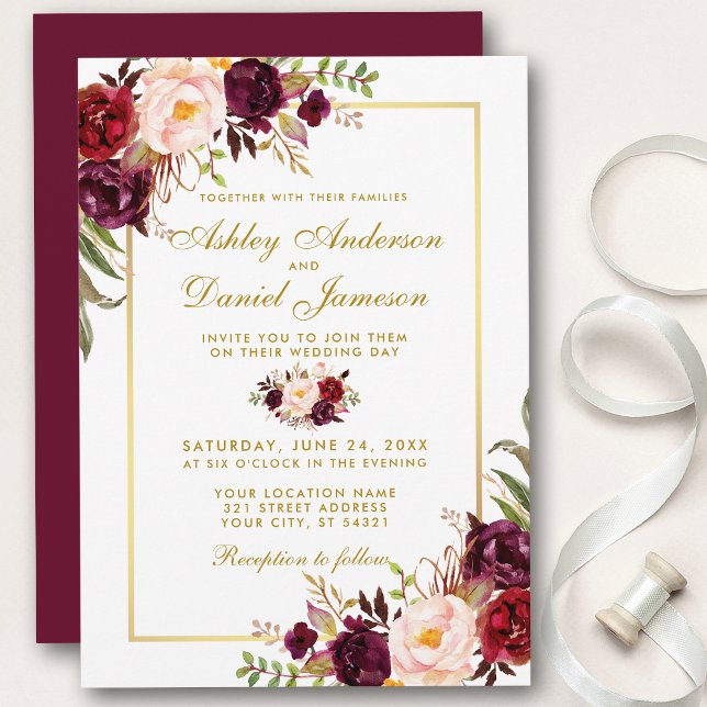 Burgundy Watercolor Blommigt Guld bröllopsinbjudan Inbjudningar (Skapare uppladdad)