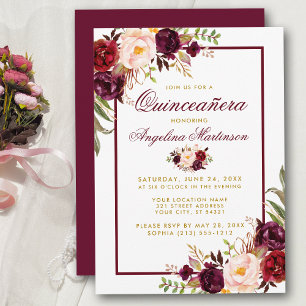 Burgundy Watercolor Blommigt Guld Quinceanera Inbjudningar