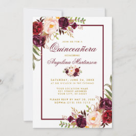 Burgundy Watercolor Blommigt Guld Quinceanera Phot Inbjudningar