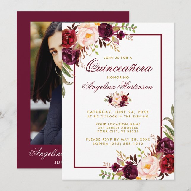 Burgundy Watercolor Blommigt Guld Quinceanera Phot Inbjudningar (Fram/baksida)