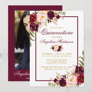 Burgundy Watercolor Blommigt Guld Quinceanera Phot Inbjudningar