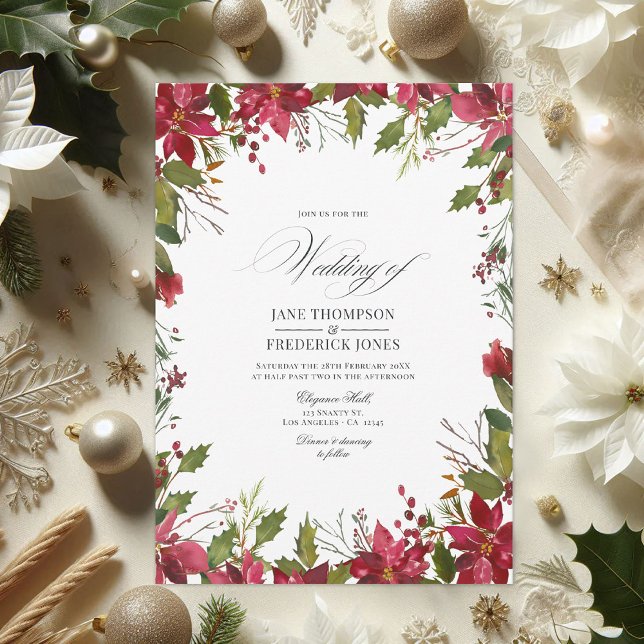 Burgundy Watercolor Blommigt jul Bröllop Inbjudningar (Burgundy Watercolor Floral Christmas Wedding Invitation)