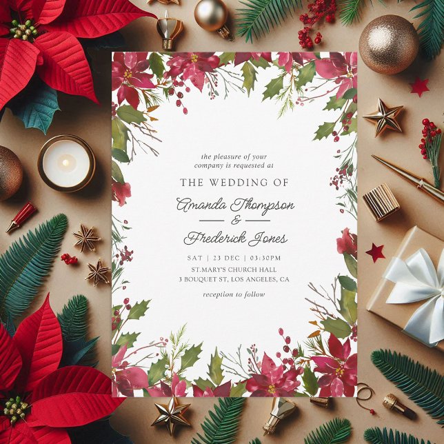 Burgundy Watercolor Blommigt jul Bröllop Inbjudningar (Burgundy Watercolor Floral Christmas Wedding Invitation)