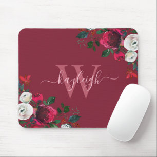 Burgundy Watercolor Blommigt Namn Monogrammad Musmatta