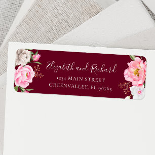 Burgundy Watercolor Blommigt Peony Elegant Adress Returadress Etikett