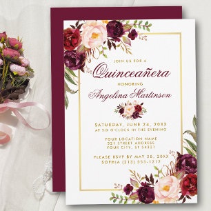 Burgundy Watercolor Blommigt Quinceanera Guld Inbjudningar
