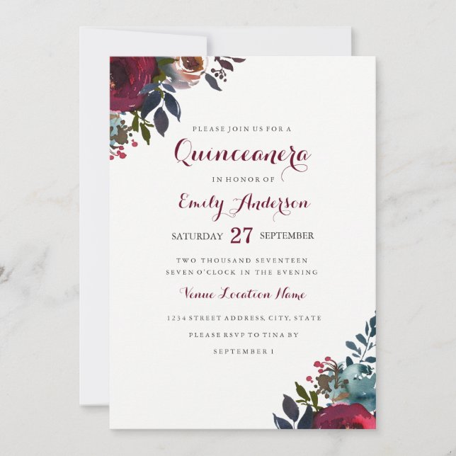 Burgundy Watercolor Blommigt Quinceanera-inbjudan Inbjudningar (Framsida)