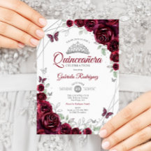 Burgundy Watercolor Blommigt Quinceanera