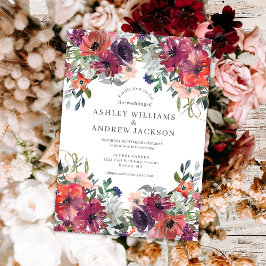 Burgundy Watercolor Blommigt Rustic Garden Wedding Inbjudningar