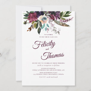 Burgundy Watercolor Blommigt Spray White Bröllop Inbjudningar