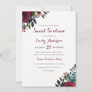 Burgundy Watercolor Blommigt Sweet sixteen Inbjuda Inbjudningar