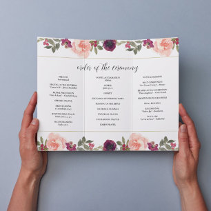 Burgundy Watercolor Blommigt Trifold Bröllopsprogr Reklamblad
