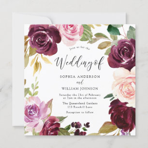 Burgundy Watercolor Blommigt Utandning Bröllop Inbjudningar