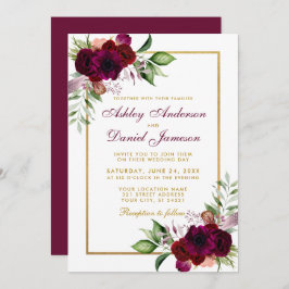 Burgundy Watercolor Boho Blommigt Bröllop Guld Inbjudningar