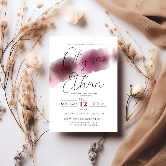 Burgundy Watercolor Bröllop - Elegant Script Inbjudningar (Skapare uppladdad)
