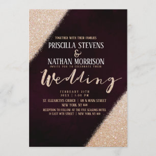 Burgundy Watercolor Bröllop i Guld Glitter Inbjudningar
