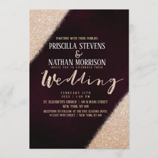 Burgundy Watercolor Bröllop i Guld Glitter Inbjudningar