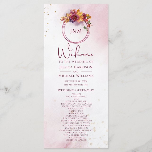 Burgundy Watercolor Fall Bouquet Elegant bröllop Program (Framsida)
