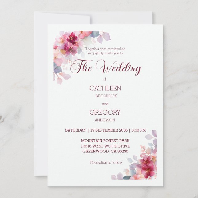 Burgundy Watercolor Floral Calligraphy Wedding Inbjudningar (Framsida)