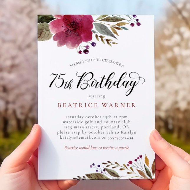 Burgundy Watercolor Flowers 75:e Birthday Inbjudningar (Skapare uppladdad)