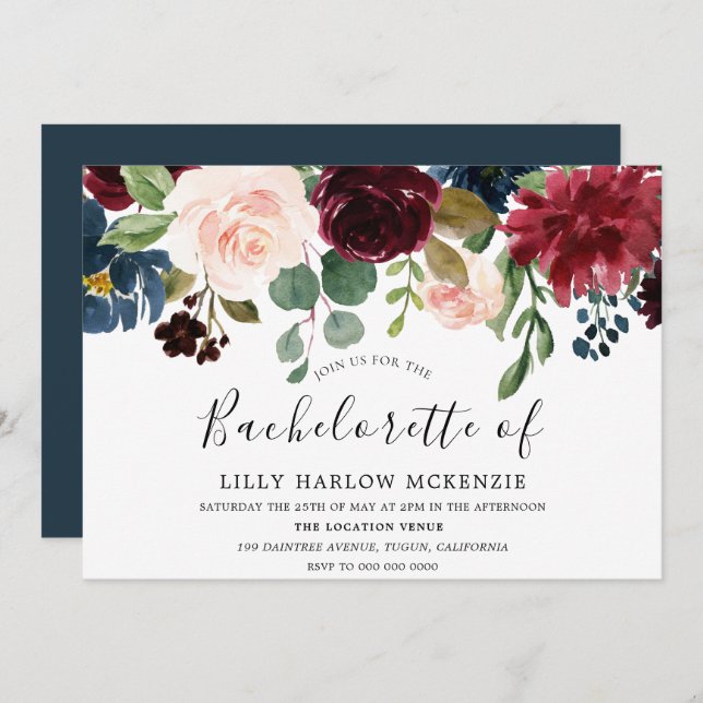 Burgundy Watercolor Flowers Bachelorette Party Inbjudningar (Fram/baksida)