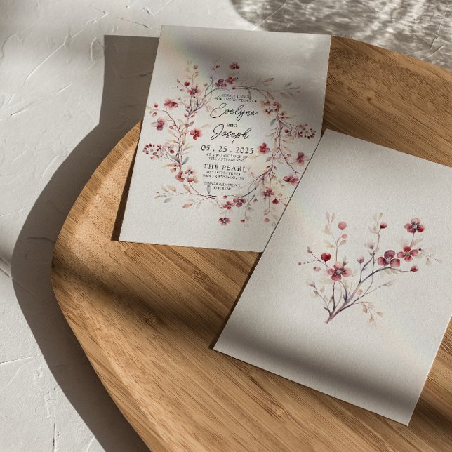 Burgundy Watercolor Flowers Boho Modern Bröllop Inbjudningar (Skapare uppladdad)