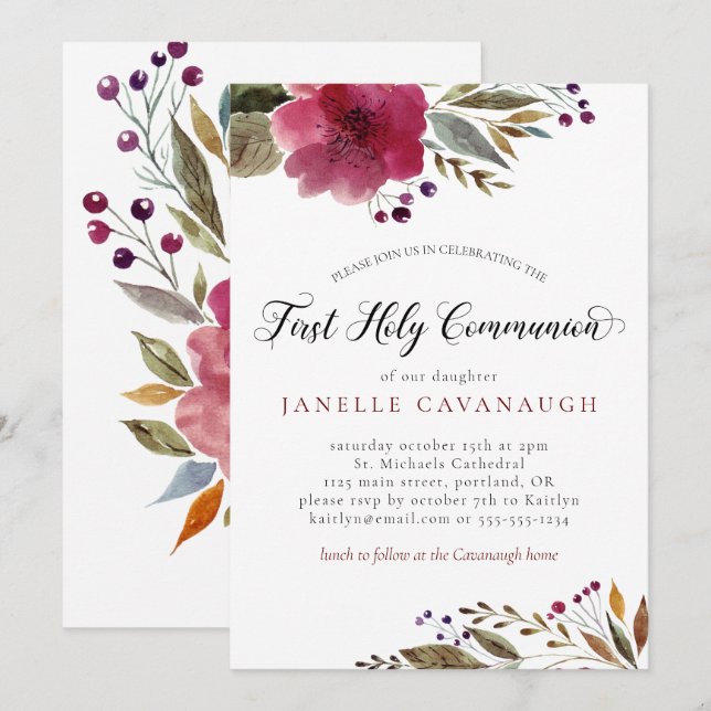 Burgundy Watercolor Flowers First Heliga Communion Inbjudningar (Fram/baksida)