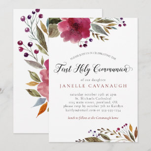 Burgundy Watercolor Flowers First Heliga Communion Inbjudningar