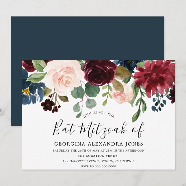 Burgundy Watercolor Flowers Fladdermus Mizvah-inbj Inbjudningar (Fram/baksida)