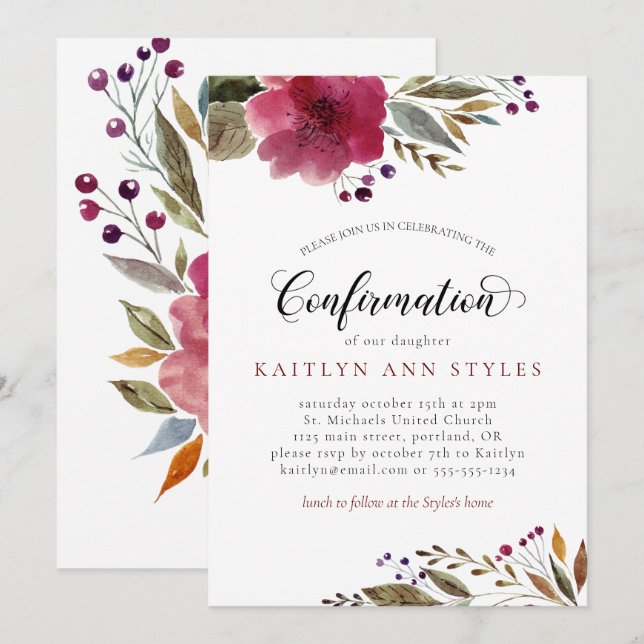 Burgundy Watercolor Flowers Girl Confirmation Inbjudningar (Fram/baksida)