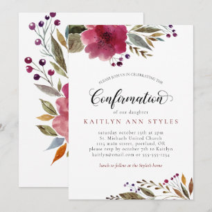 Burgundy Watercolor Flowers Girl Confirmation Inbjudningar