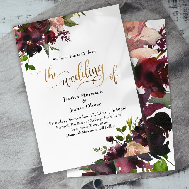 Burgundy Watercolor Flowers Guld Calligraphy Inbjudningar (Skapare uppladdad)