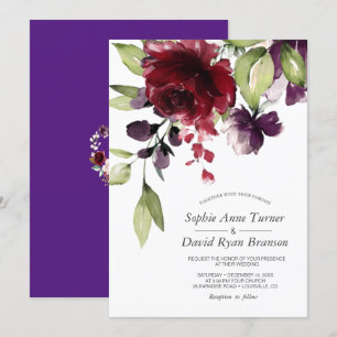 Burgundy Watercolor Flowers Royal Lila Bröllop Inbjudningar