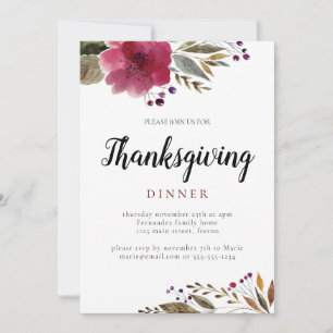 Burgundy Watercolor Flowers Thanksgiving Middag Inbjudningar