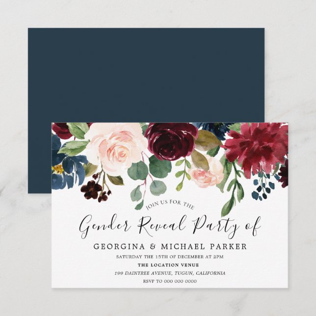 Burgundy Watercolor Gender Reveal Party-inbjudan Inbjudningar (Fram/baksida)