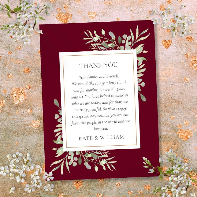 Burgundy Watercolor Greenery Bröllop Tack Placeringskort (Burgundy Watercolor Greenery Wedding Thank You Place Card)