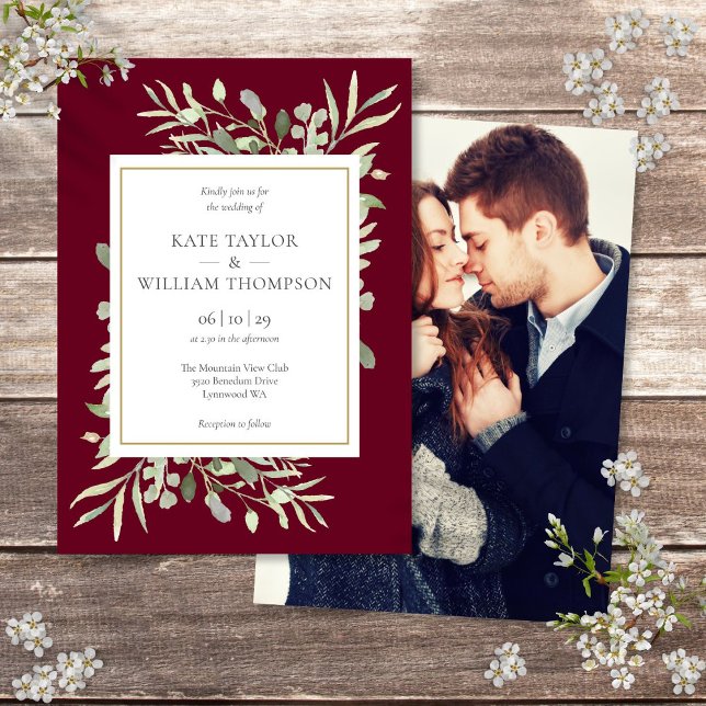 Burgundy Watercolor Greenery Photo Bröllop Inbjudningar (Burgundy Watercolor Greenery Photo Wedding Invitation)