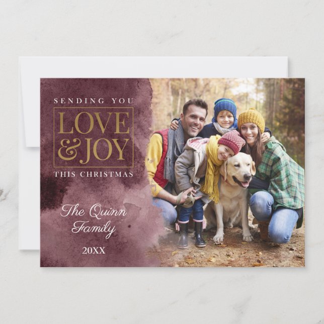 Burgundy Watercolor med Guld Julkort (Framsida)