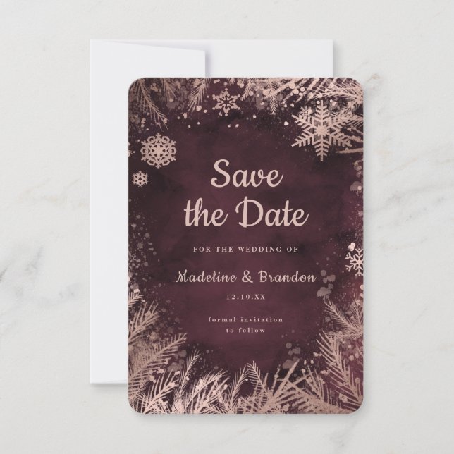 Burgundy Watercolor med Ro Guld Winter Wedding Spara Datumet (Framsida)