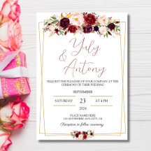 Burgundy watercolor modern flowers invitation