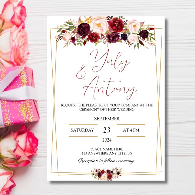 Burgundy watercolor modern flowers  invitation  inbjudningar (Tarjeta para boda flores rojo borgoña
)
