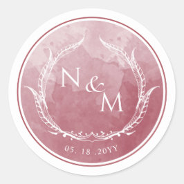 Burgundy Watercolor Monogram Kuvert Seal /Favor Runt Klistermärke