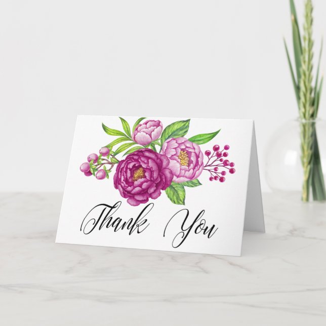 Burgundy Watercolor Peonies Bröllop Tack (Framsida)