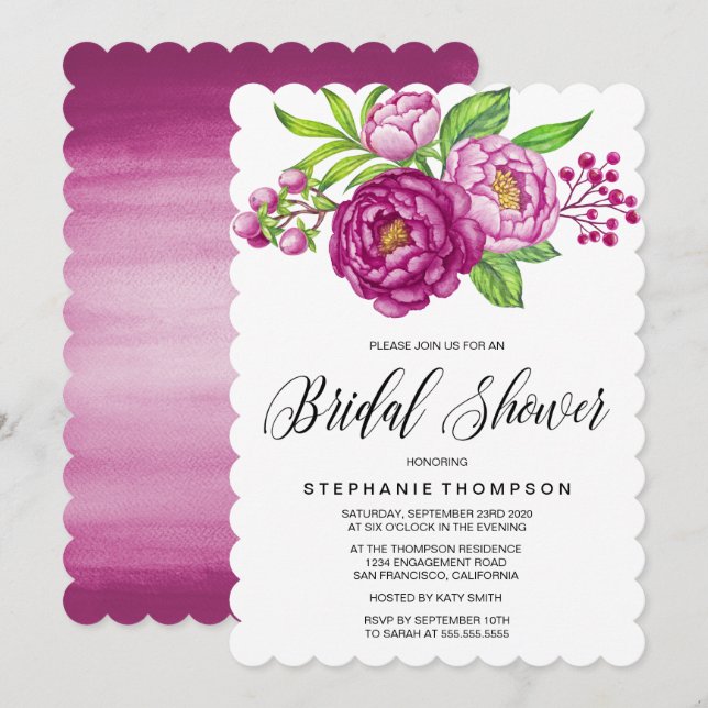 Burgundy Watercolor Peonies Möhippa Inbjudningar (Fram/baksida)