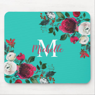 Burgundy Watercolor Peony Ro Blommigt Monogrammed Musmatta