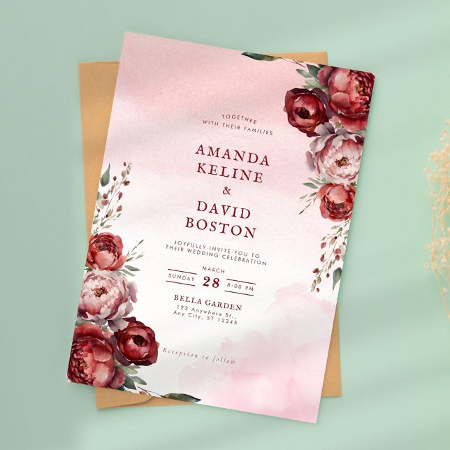 Burgundy Watercolor Peony Wedding bjudande Inbjudningar (Skapare uppladdad)